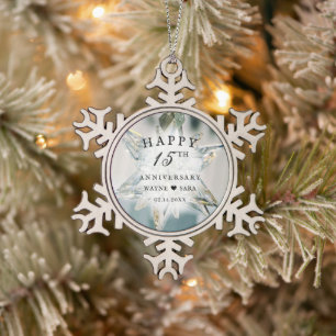 15th Black + White Crystal Wedding Anniversary Snowflake Pewter Christmas Ornament