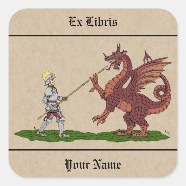 15th Century Saint George and the Dragon Bookplate Square Sticker (Front)