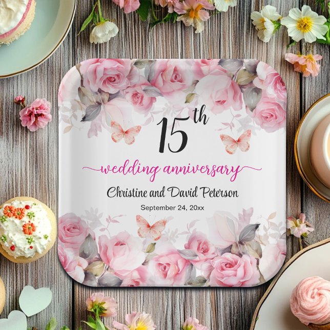 15th Crystal Wedding Anniversary Blush Roses Paper Plate (Creator Uploaded)