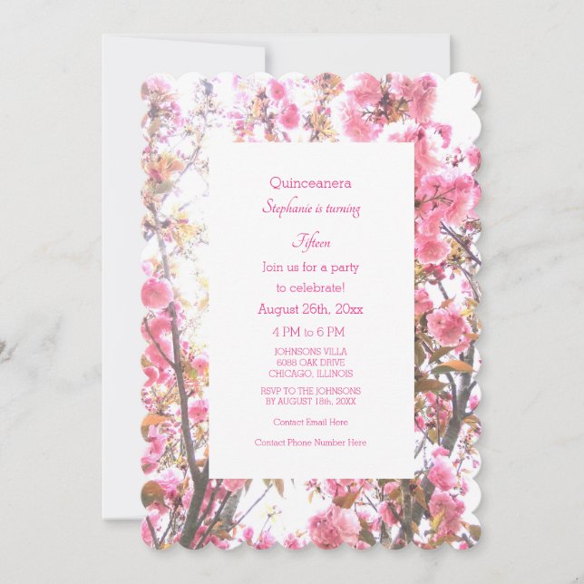 15th Fifteenth Birthday Floral Pink Cherry Blossom Invitation (Front)