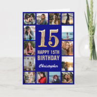 15th Happy Birthday Navy Blue & Gold Photo Collage