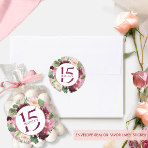 15th (or other) Birthday, Burgundy Maroon Floral Classic Round Sticker