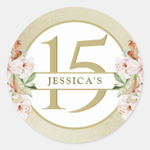 15th (or other) Birthday, Champagne Gold Floral Classic Round Sticker