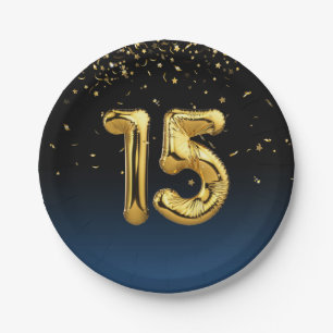 15th Party Balloons And Gold Confetti  Paper Plate