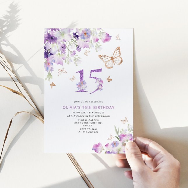15th Purple Lilac Butterflies birthday Invitation (Creator Uploaded)