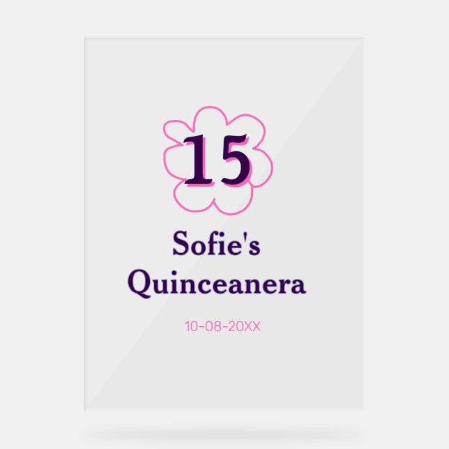 15th quinceanera happy birthday pink purple date acrylic sign (Front)