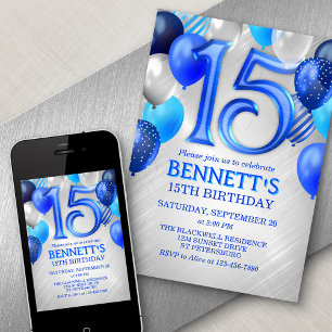 15th Teen Boy Blue Birthday Invitation