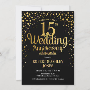15th Wedding Anniversary - Black & Gold Invitation