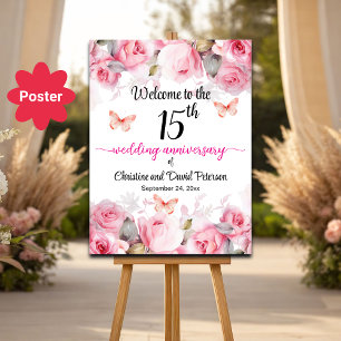 15th Wedding Anniversary Blush Roses Welcome Poster