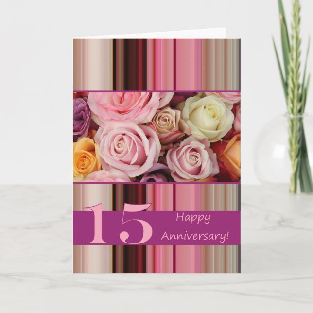 15th Wedding Anniversary Card -Pastel roses stripe (Front)