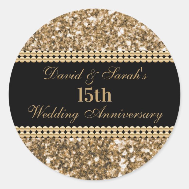 15th Wedding Anniversary Celebration Gold Glitter  Classic Round Sticker (Front)