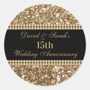 15th Wedding Anniversary Celebration Gold Glitter  Classic Round Sticker