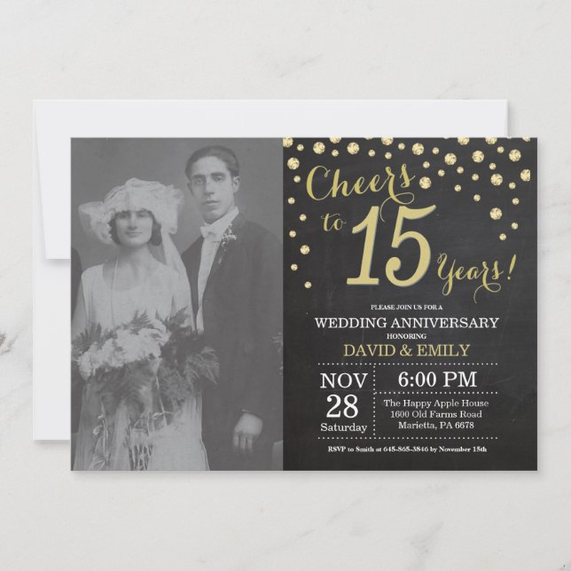 15th Wedding Anniversary Chalkboard Black and Gold Invitation (Front)