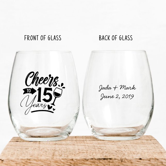15th Wedding Anniversary Elegant Celebration Stemless Wine Glass (stemless wine glass for 15th wedding anniversary that is customized with names and dates)