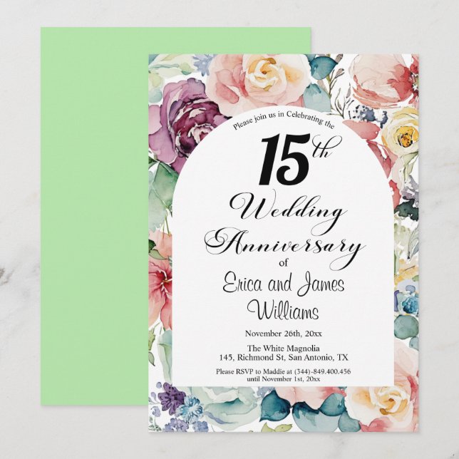 15th Wedding Anniversary Elegant Script Floral Invitation (Front/Back)