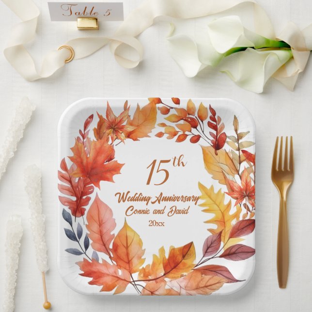 15th Wedding Anniversary Fall Floral Paper Plate (Wedding)