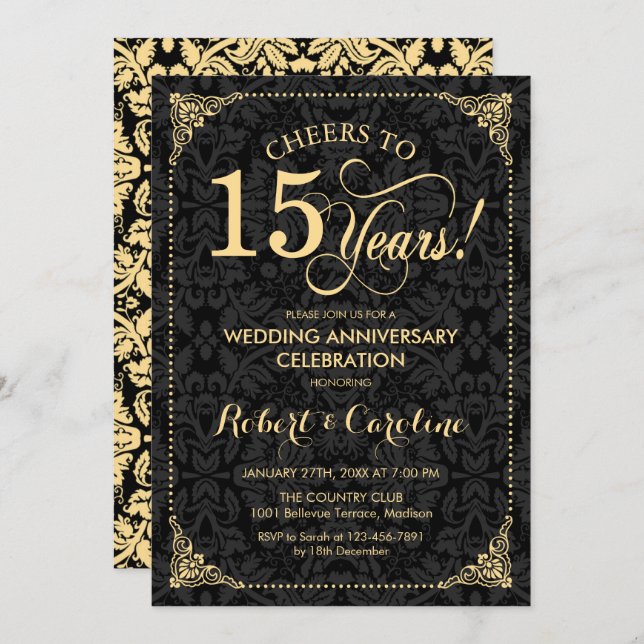 15th Wedding Anniversary - Gold Black Damask Invitation (Front/Back)