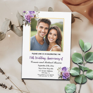 15th Wedding Anniversary Gold Frame Purple Roses Invitation