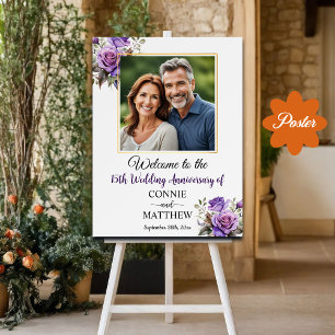 15th Wedding Anniversary Gold Frame Purple Roses Poster