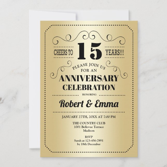 15th Wedding Anniversary Party - Gold Black Invitation (Front)