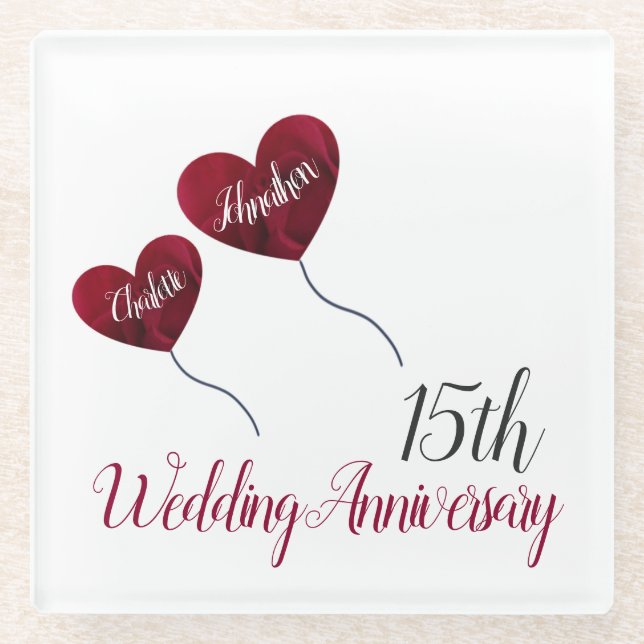 15th wedding anniversary red heart balloons glass coaster (Front)
