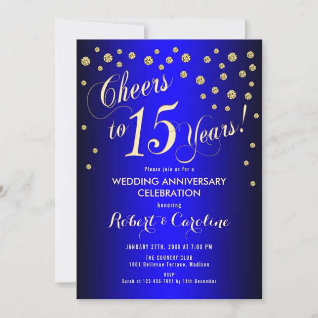15th Wedding Anniversary - Royal Blue & Gold Invitation (Front)