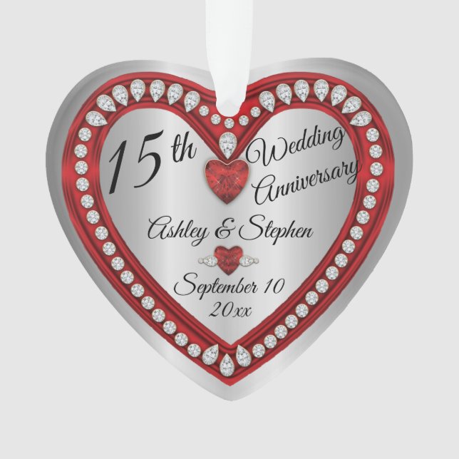 15th Wedding Anniversary Ruby Diamonds Keepsake Ornament (Front)