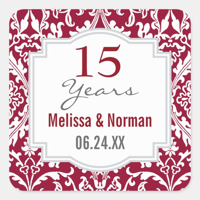 15th Wedding Anniversary Ruby Red Damask A04A Square Sticker (Front)