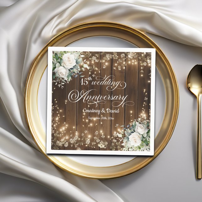 15th Wedding Anniversary Rustic String Lights Napkin (Creator Uploaded)