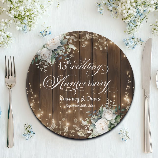 15th Wedding Anniversary Rustic String Lights  Paper Plate (Creator Uploaded)