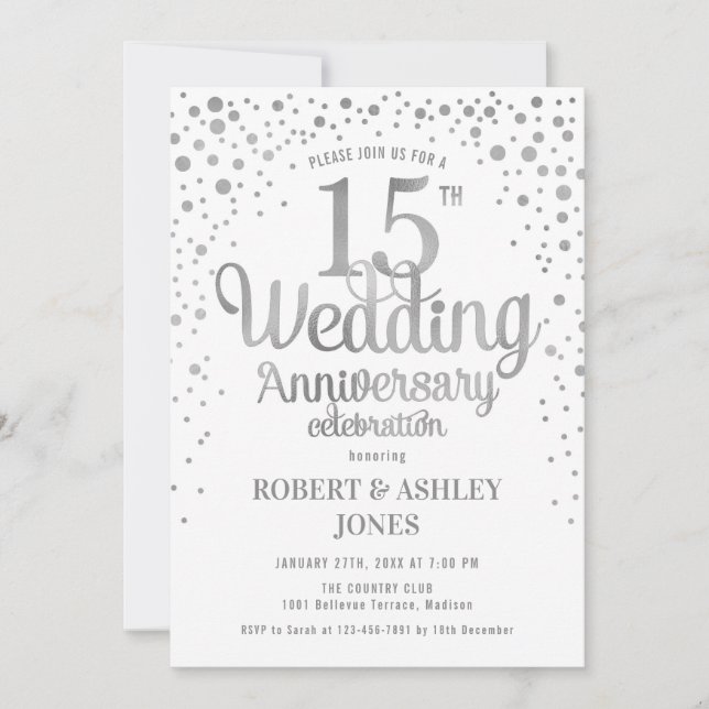 15th Wedding Anniversary - Silver & White Invitation (Front)