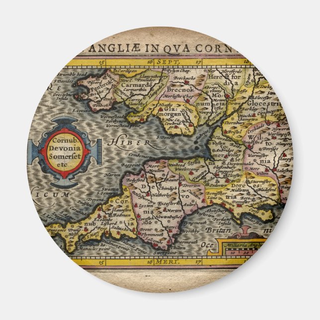 1610 Map of Cornwall, Devon, Somerset, etc... Magnet (Front)