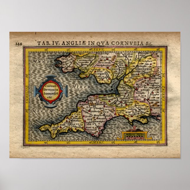 1610 Map of Cornwall, Devon, Somerset, etc... Poster (Front)