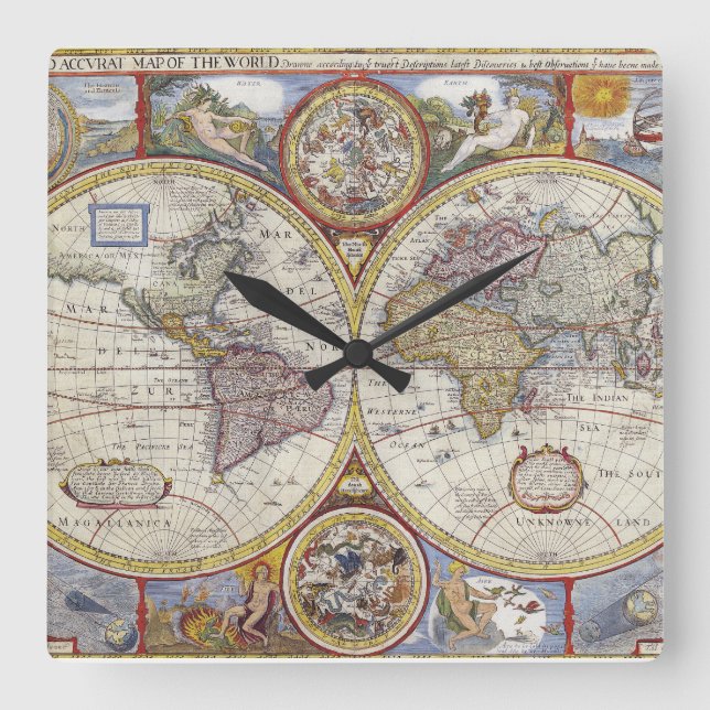 1626 Vintage World Map Square Wall Clock (Front)