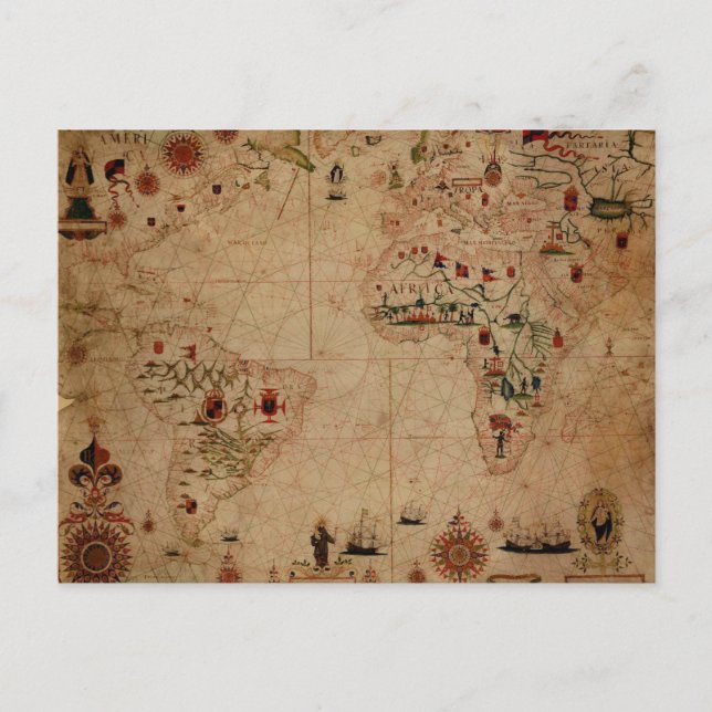 1633 Atantic Ocean Portolan Chart - Pascoal Roiz Postcard (Front)