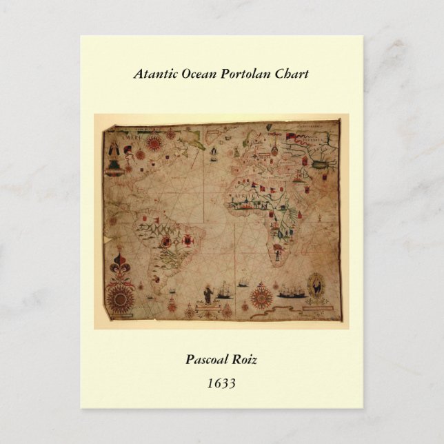 1633 Atantic Ocean Portolan Chart - Pascoal Roiz Postcard (Front)