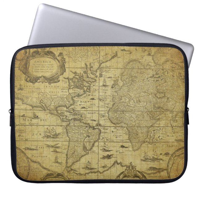1635 World Map: Vintage Style Laptop Sleeve (Front)