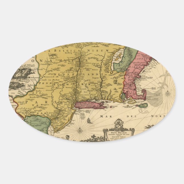 1685 Map - New Belgium, The New World, New England Oval Sticker (Front)
