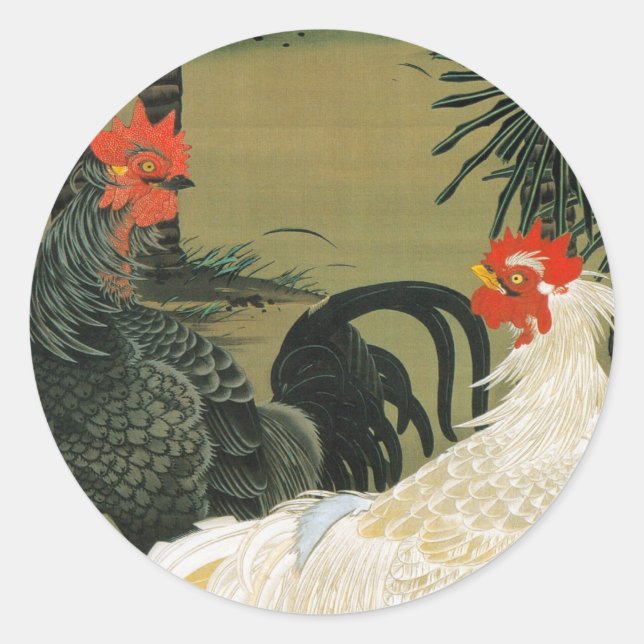 16. 棕櫚雄鶏図, 若冲 Palm Tree & Rooster, Jakuchū Classic Round Sticker (Front)