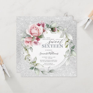 16 Birthday Glittering Square   Roses Silver Invitation