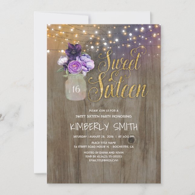 16 Birthday Party - Sweet Sixteen Mason Jar Purple Invitation (Front)