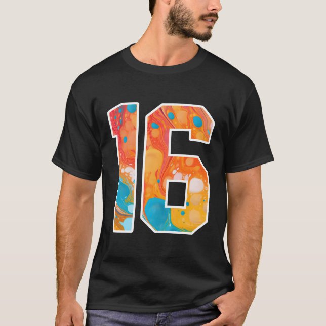 16 Colourful Sports Team Numbers Front And Back T-Shirt (Front)