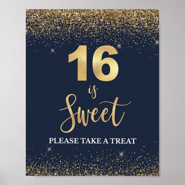 16 is Sweet Please Take a Treat Navy & Gold Sign (Front)