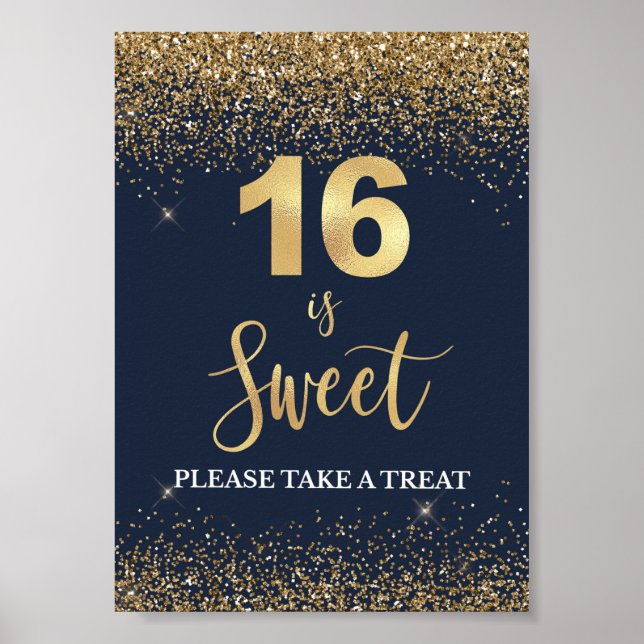 16 is Sweet Please Take a Treat Navy & Gold Sign (Front)