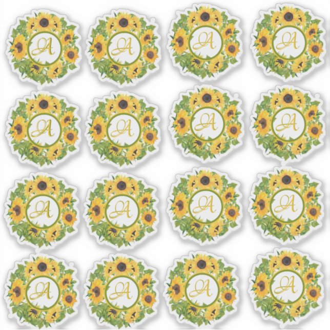 16 Monogrammed Sunflower Stickers Customisable (Front)