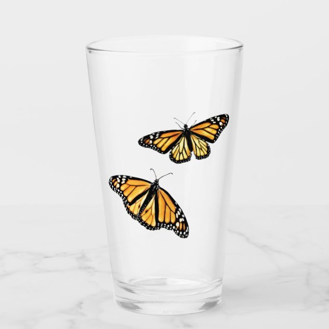 16 oz glass tumbler Two Monarch Butterflies (Front)