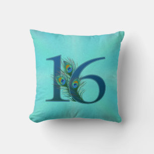 16 Peacock Feather Birthday Anniversary Elegant Cushion