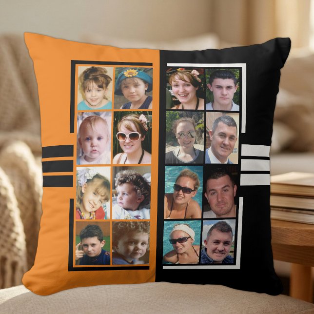 16 photo collage double sided orange black cushion (Creator Uploaded)