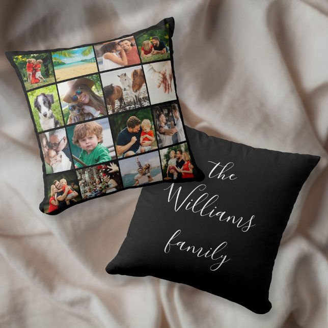 16 Photo Collage Family Script Name Cushion (16 Photo Collage Family Script Name Throw Pillow)