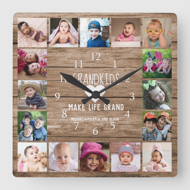 16 Photo Collage Grandkids Make Life Grand Wood Square Wall Clock (Front)